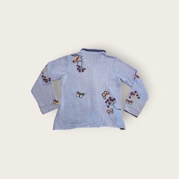 Vintage 90s Cache baby blue button down collared floral butterfly knit cardigan - Picture 2 of 5